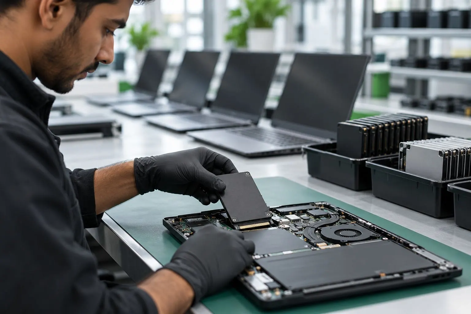 Technician sanitising laptop drives in a secure facility