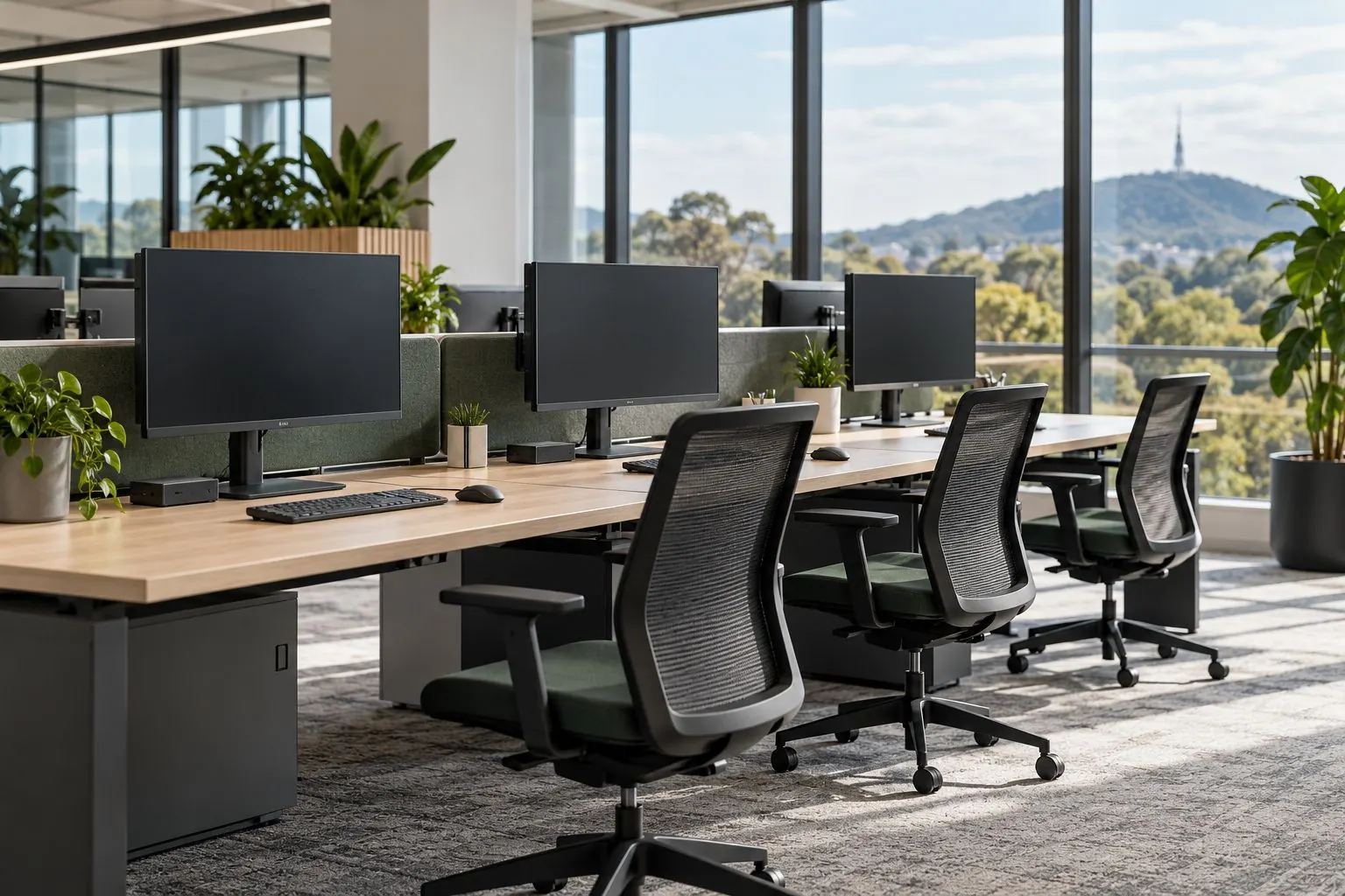 Modern office with freshly set up hot desks