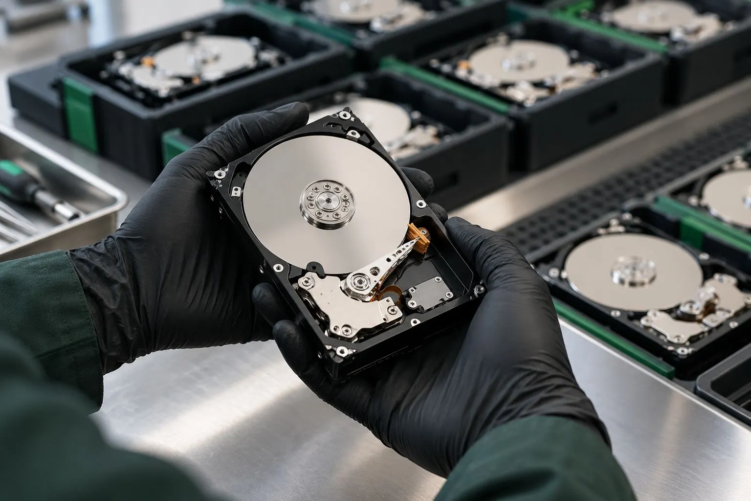 Technician holding a sanitised hard drive